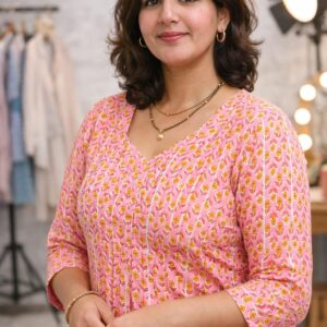 Women Pink Cotton Kurti With Pintex and Ghota work Set