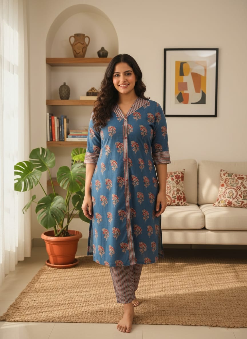 Women Kurti Set Soft Cotton Floral Kurti With Lining Pant Set