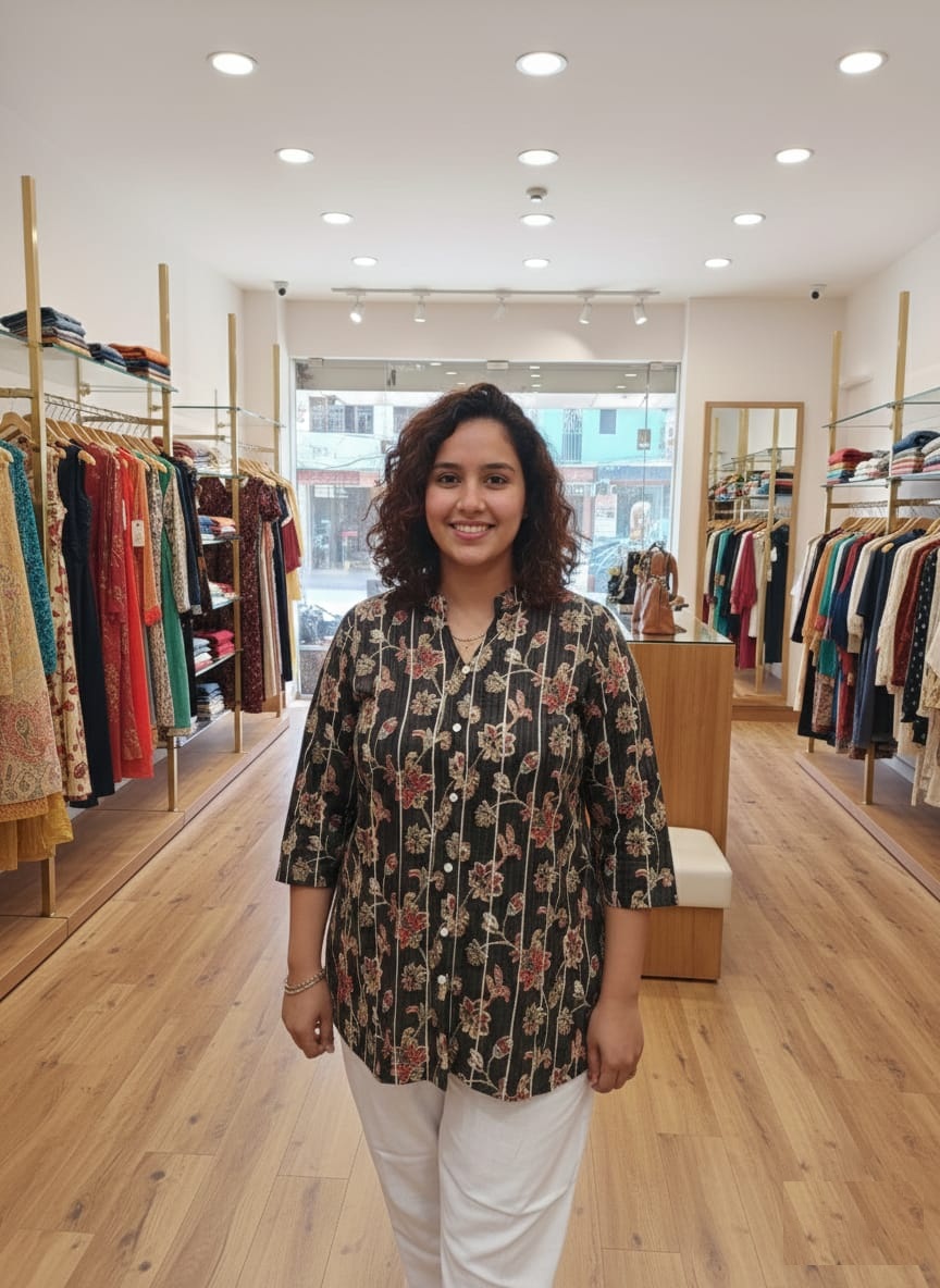 Women Black Cotton Kurti With Pintex and Ghota work